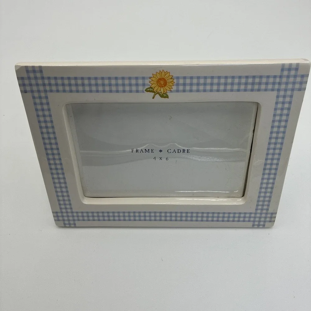Hallmark Ceramic Picture Frame 4x6 Blue Gingham Sunflower Country cottage core